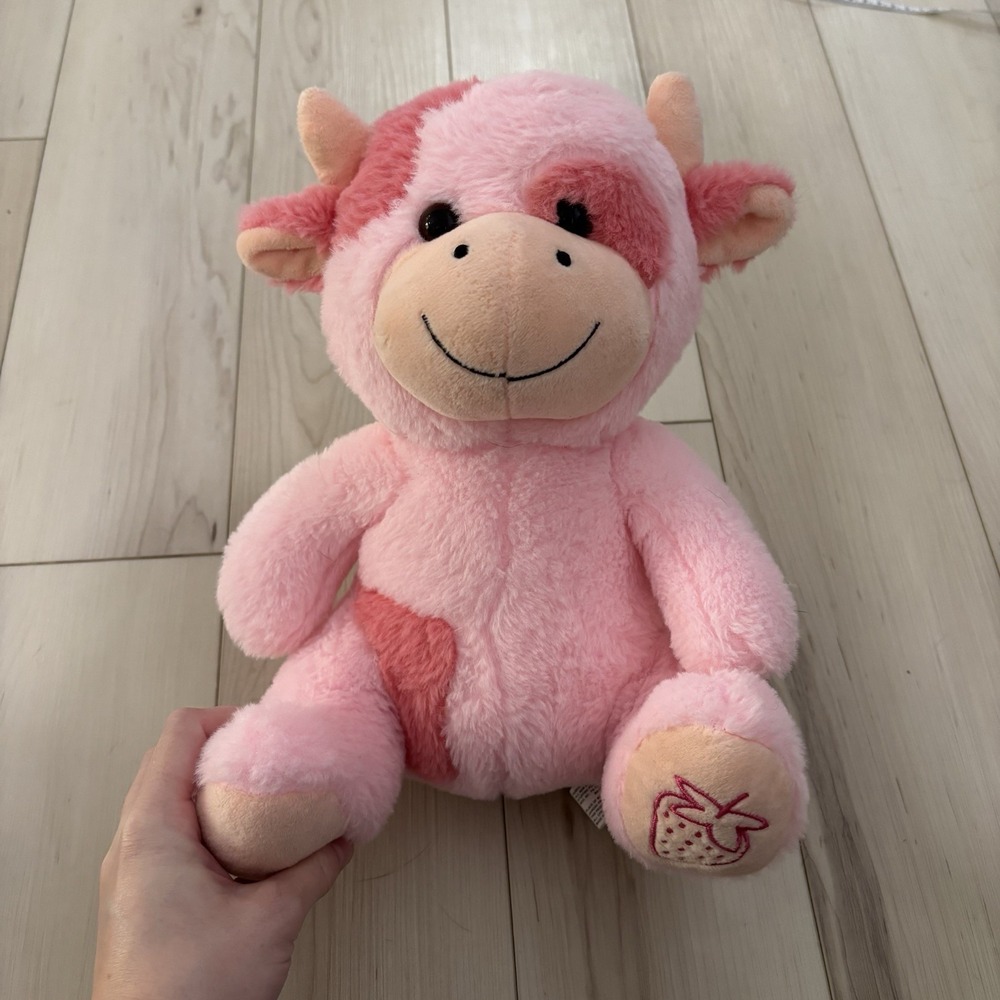Send A Friend Strawberry Cow Plush Pink Stuffed Animal 10" Horns EUC Soft Moo